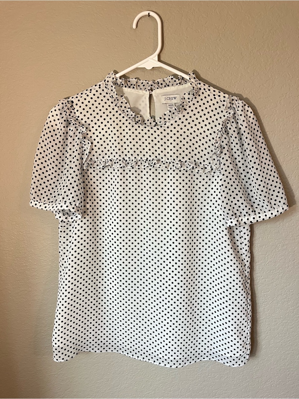 J.Crew XXS Polka Dot Ruffle Blouse Puff Sleeve White Black Preppy Office